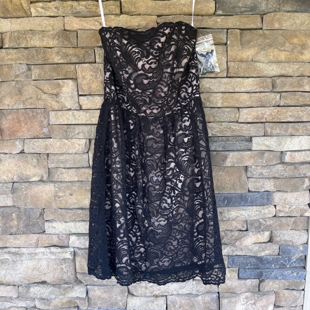 VIVIAN DIAMOND Dessy Collection Strapless Formal Dress Palimino Black Lace Sz 12